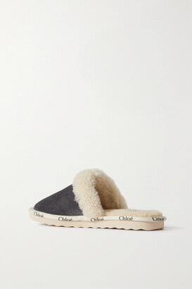 Chloé Woody Logo-print Suede And Shearling Slippers - Gray - ShopStyle